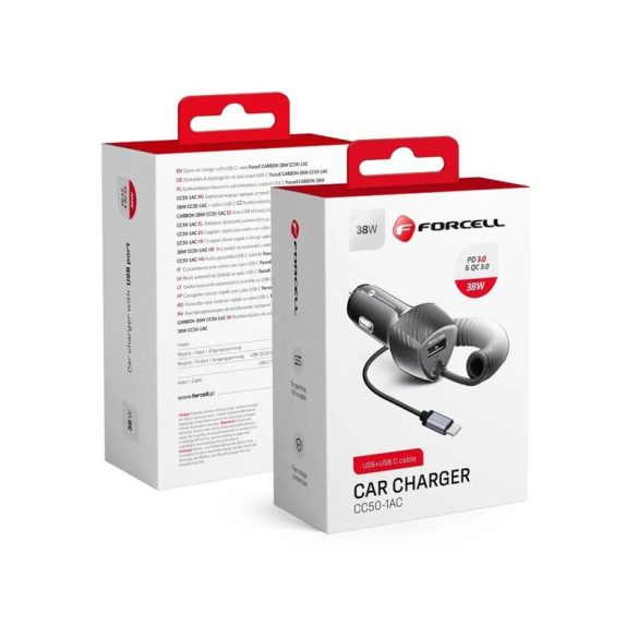 Cap de încărcare țigări, 1X USB, cu cablu tip C, 38 W, model carbon, negru, Forcell