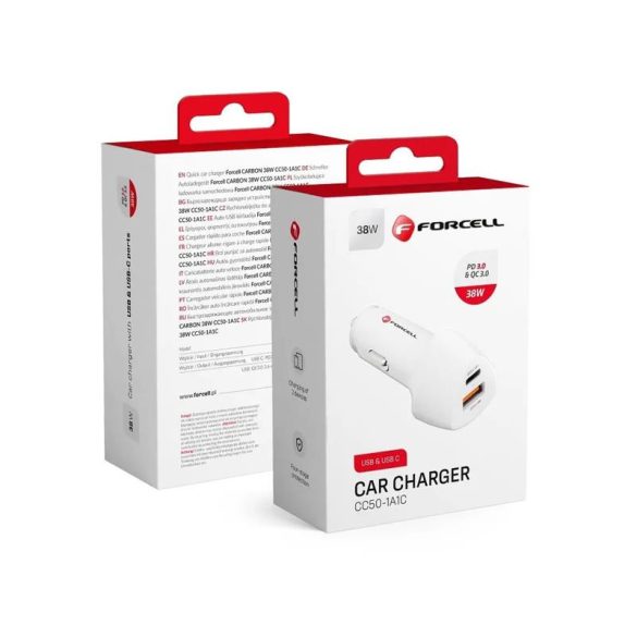 Cap încărcător țigări, 1X Type-C, 1X USB, 38W, model carbon, alb, Forcell