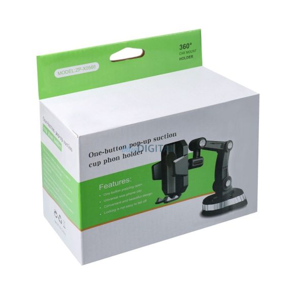 Suport auto universal, poate fi amplasat pe parbriz / bord, rotativ 360°, negru, ZP-X0566