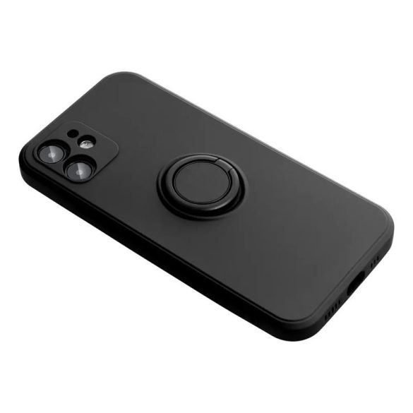 Carcasa din spate inel pentru iPhone 14 Pro Max (6,7"), husa din silicon, interior din piele intoarsa, negru, inel din silicon Forcell