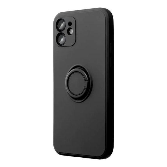 Carcasă din spate cu inel pentru iPhone 14 Pro (6,1"), husă din silicon, interior din piele intoarsa, negru, inel din silicon Forcell