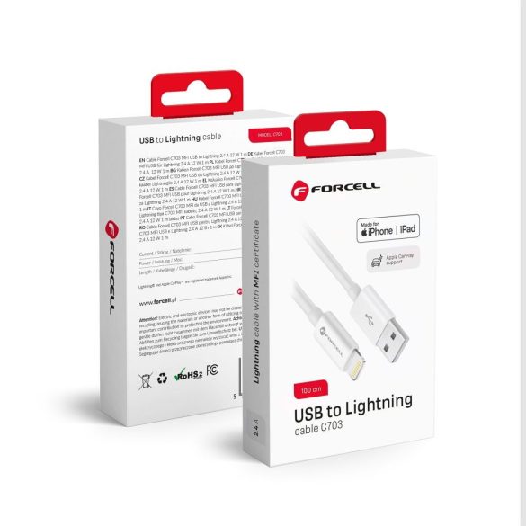 Cablu de date pentru încărcare rapidă iPhone cu 8 pini, 1 m, 2,4 A / 5 V / 12 W, alb, Forcell C703