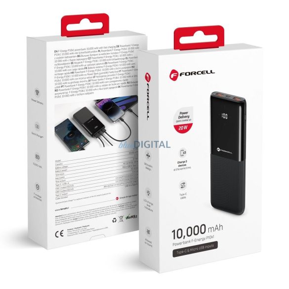 Power Bank, 10000mAh, 2xUSB / Type-C, negru, suport QC / PD, 20W, lampă LED, Forcell F-Energy P10k1