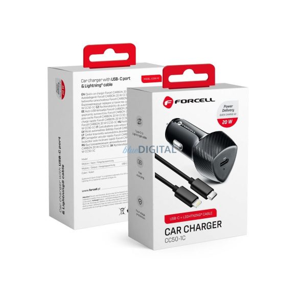 Cap de incarcare tigari 1X Type-C, cu cablu Type-C / 8pini, incarcare PD3.0, 20W, 1m, model carbon, negru, Forcell