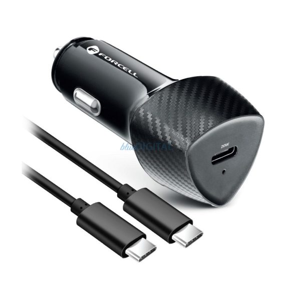 Cap de încărcare țigări 1X conector Type-C, cu cablu Type-C - Type-C, PD3.0 / 3A / 20W, 1M, negru, model carbon, Forcell CC50-1C