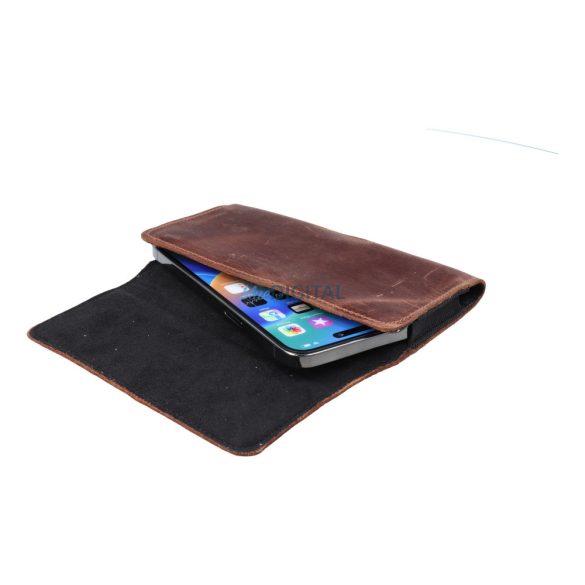 Husa ce se poate atasa la o curea, magnetica, marimea L (iPhone 12, Samsung S20, Huawei P30) maro, piele lustruita, Royal Crazy Horse
