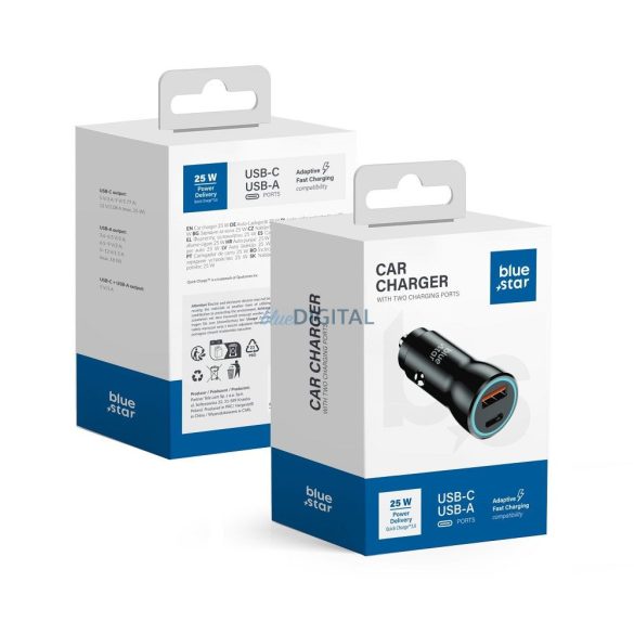 Cap încărcător cardiac, 1xType-C / 1xUSB, PD / QC3.0, 3A / 25W, negru, BlueStar