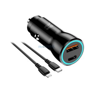 Încărcător cardiac cu cap 1x USB / 1x Type-C, cablu Type-C / 8pin, PD / QC 3.0, 25W, 1m, negru, BlueStar