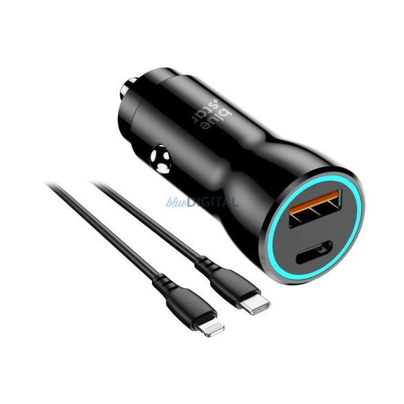 Încărcător cardiac cu cap 1x USB / 1x Type-C, cablu Type-C / 8pin, PD / QC 3.0, 25W, 1m, negru, BlueStar