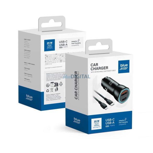 Încărcător cardiac cu cap 1x USB / 1x Type-C, cablu Type-C / 8pin, PD / QC 3.0, 25W, 1m, negru, BlueStar