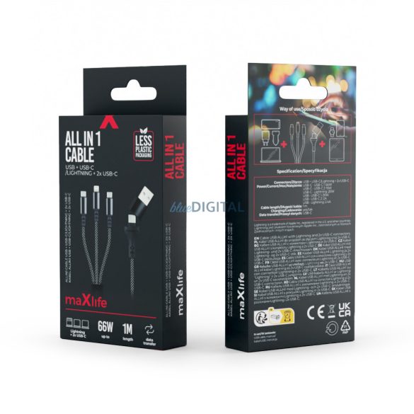 2xType-C / iPhone 8pin - cablu de date USB / Type-C, încărcare rapidă, împletitură din nailon, 66W, 1M, negru, Maxlife