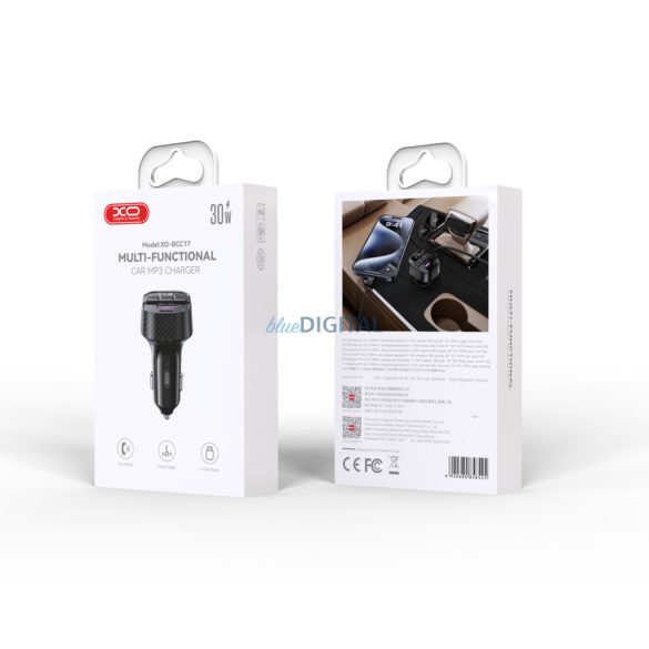 Transmițător FM Bluetooth, 1xUSB / 1xType-C, PD, 3A / 30W, BT5.3, Negru, XO-BCC17