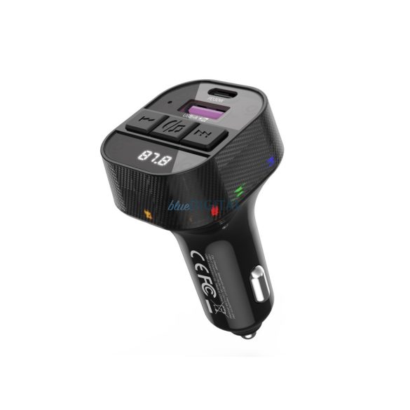 Transmițător FM Bluetooth, 1xUSB 1xconector Type-C / cablu Type-C la Type-C, PD, 3A / 30W, BT5.3, negru, XO-BCC17