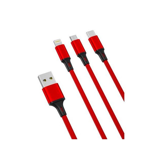 XO NB173 3in1 iPhone 8pin-Type-C Cablu de date micro USB roșu 1,2 m 2,4 A
