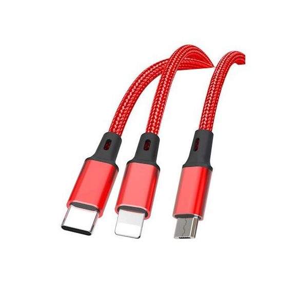 XO NB173 3in1 iPhone 8pin-Type-C Cablu de date micro USB roșu 1,2 m 2,4 A