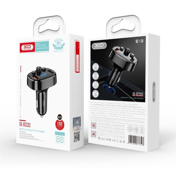 Transmițător FM Bluetooth, 2xUSB, afișaj LED, 18W, QC3.0, negru, XO-BCC03