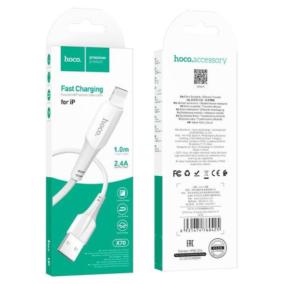 Hoco X70 "Ferry" iPhone 8pin cablu de date de încărcare rapidă acoperit pânză albă 2.4A 1M