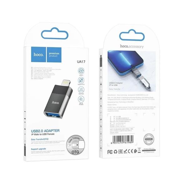 USB-A - Adaptor iPhone 8pin OTG, negru, Hoco UA17