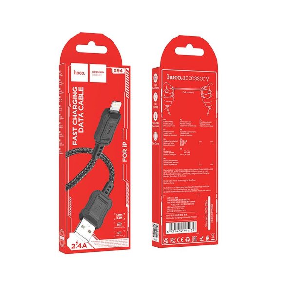 Cablu de date iPhone 8pin, 1M, 2.4A, negru, împletit PVC, Hoco X94