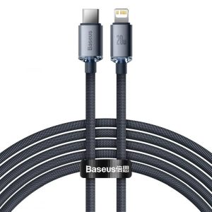 Tip C - Cablu de date pentru încărcare rapidă iPhone cu 8 pini, încărcare rapidă, acoperit cu material, negru, 2M, 20W, seria Baseus Crystal Shine