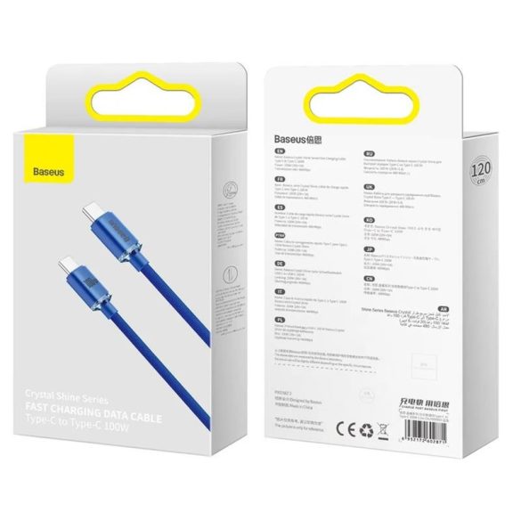 Cablu de date cu încărcare rapidă Type-C - Type-C, acoperit cu țesătură, albastru, 1,2 m, 100 W, Baseus Crystal Shine Series