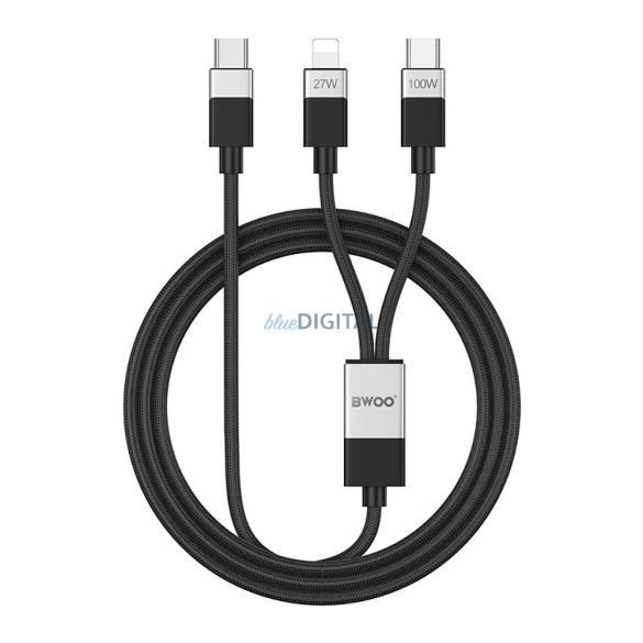 Tip-C - iPhone 8pin / Tip-C cablu de date, acoperit cu țesătură, 1.2M, 27W / 100W, negru, BWOO BO-X306