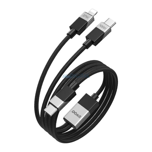 Tip-C - iPhone 8pin / Tip-C cablu de date, acoperit cu țesătură, 1.2M, 27W / 100W, negru, BWOO BO-X306