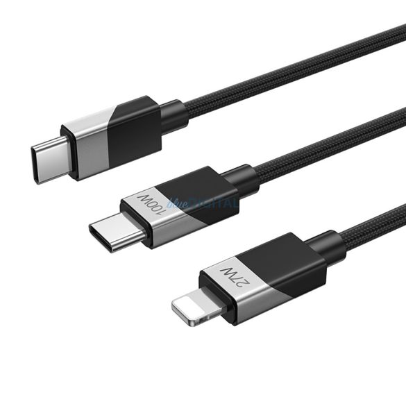 Tip-C - iPhone 8pin / Tip-C cablu de date, acoperit cu țesătură, 1.2M, 27W / 100W, negru, BWOO BO-X306