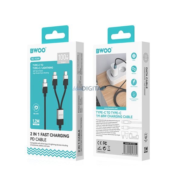 Tip-C - iPhone 8pin / Tip-C cablu de date, acoperit cu țesătură, 1.2M, 27W / 100W, negru, BWOO BO-X306