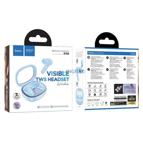 Căști stereo bluetooth cu carcasă de încărcare wireless, TWS, albastru, Hoco EQ6