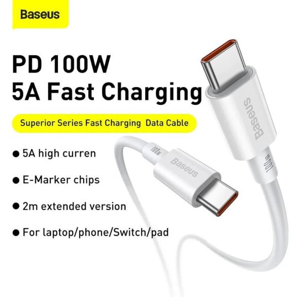 Type-C - Cablu de date de încărcare rapidă de tip C, alb, 2M, 100W, Seria Baseus Superior