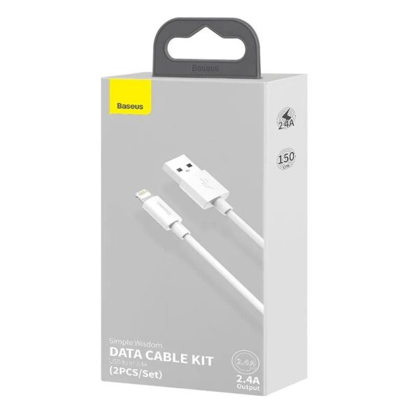 Cablu de date pentru încărcare rapidă iPhone cu 8 pini, alb, 1,5 M, 2,4 A, 2 buc/pachet, Baseus Simple Wisdom