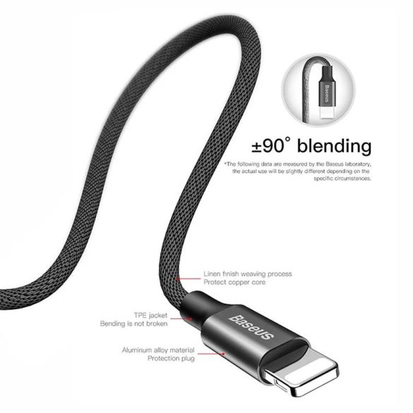 iPhone 8pin - cablu de date USB-A, acoperit cu material, negru, 3M, 1.5A, Baseus CALYW-C01