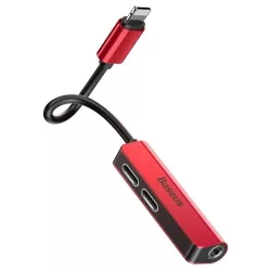   Adaptor audio / HF 3in1, iPhone 8pin - 2X iPhone 8pin / mufă 3,5 mm, roșu-negru, Baseus CALL52-91