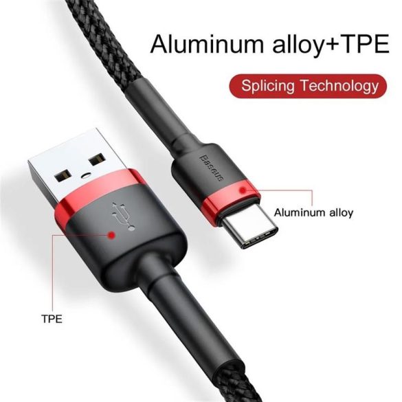 Tip C - Cablu de date USB-A, acoperit cu material, roșu, 3M, 2A, Baseus CATKLF-U09