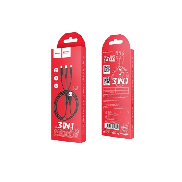 Hoco X25 3in1 iPhone 8pin + Type-c + Cablu negru de incarcare Micro USB 2A 1M
