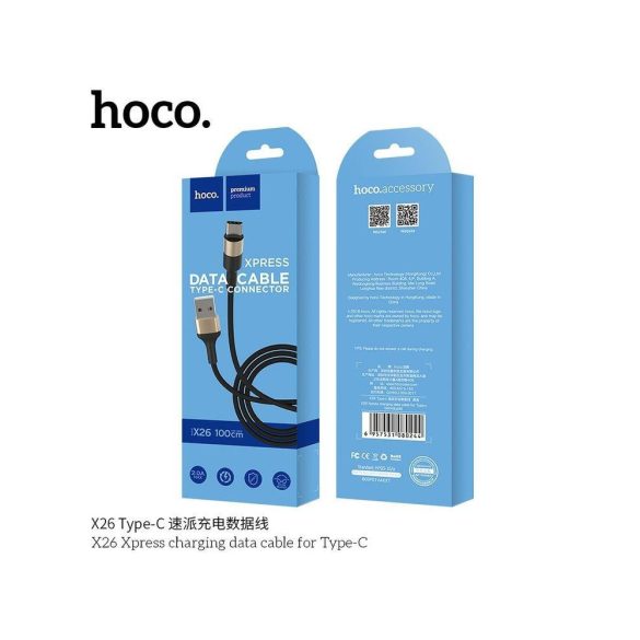 Cablu de date din material textil Hoco X26 Type-C negru-auriu 1m 3A