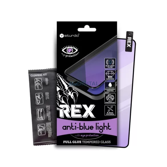 Xiaomi Redmi 12 / 13 folie de sticlă frontală, filtru de lumină albastră, 9H, cadru negru, 5D Full Glue, Sturdo Rex Anti-blue light