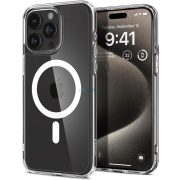   Husă din spate pentru iPhone 15 Pro Max (6,7"), spate din plastic/cadru din silicon, husă Magsafe, transparentă/albă, Spigen Ultra Hybrid Mag