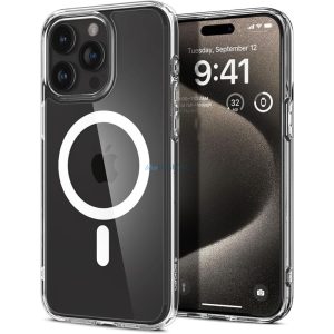 Husă din spate pentru iPhone 15 Pro Max (6,7"), spate din plastic/cadru din silicon, husă Magsafe, transparentă/albă, Spigen Ultra Hybrid Mag