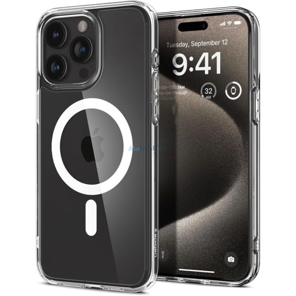 Husă din spate pentru iPhone 15 Pro Max (6,7"), spate din plastic/cadru din silicon, husă Magsafe, transparentă/albă, Spigen Ultra Hybrid Mag