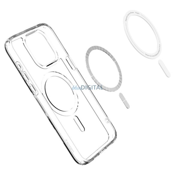 Husă din spate pentru iPhone 15 Pro Max (6,7"), spate din plastic/cadru din silicon, husă Magsafe, transparentă/albă, Spigen Ultra Hybrid Mag