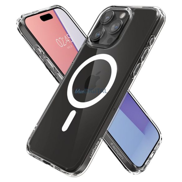Husă din spate pentru iPhone 15 Pro Max (6,7"), spate din plastic/cadru din silicon, husă Magsafe, transparentă/albă, Spigen Ultra Hybrid Mag
