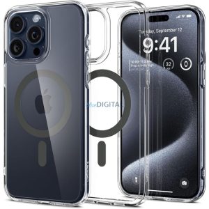 Carcasa din spate iPhone 15 Pro (6.1"), spate din plastic/cadru din silicon, husa Magsafe, transparenta/gri grafit, Spigen Ultra Hybrid Mag