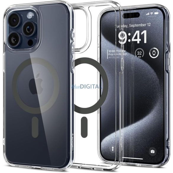 Carcasa din spate iPhone 15 Pro (6.1"), spate din plastic/cadru din silicon, husa Magsafe, transparenta/gri grafit, Spigen Ultra Hybrid Mag