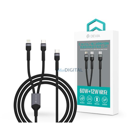 Devia Extreme Speed Series 60W+12W Type-C/Type-C + Lightning cablu de încărcare și date 1,2m - negru