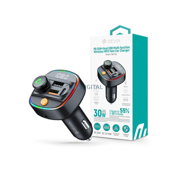 Devia Smart Series Transmițător FM Bluetooth/încărcător auto 30W PD+QC 2xUSB/AUX/MP3 - negru