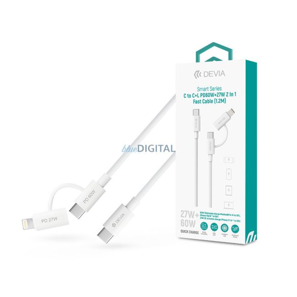 Devia Smart Series 60W+27W PD Type-C/Type-C + Lightning cablu de încărcare și date 1,2m - alb