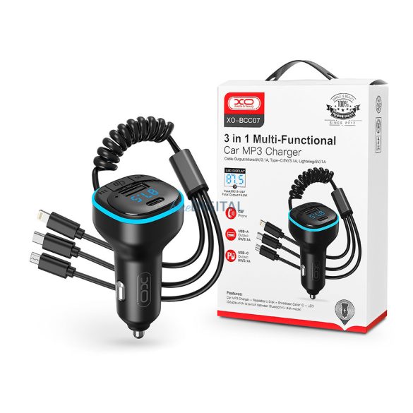 Transmițător FM Bluetooth / încărcător brichetă XO - USB + Type-C + MP3/FLAC/APE +Pendrive/Cititor de carduri TF - Încărcător auto XO BCC07 3in1 - negru
