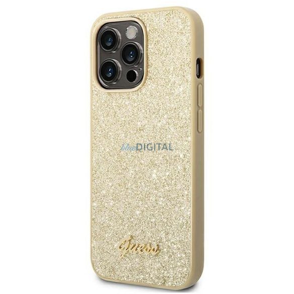 Husă originală GUESS GUHCP14XHGGSHD pentru iPhone 14 PRO MAX (Glitter Flakes Script Metal Logo / auriu)